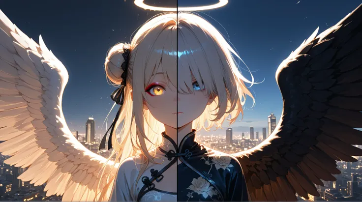 HDR,Dynamic lighting,masterpiece, best quality,detailed, high resolution, 8k, highly detailed, ultra detailed, beautiful lighting,best quality,detailed eyes, expressive,loli,small, cute,chinese dress, angel, in sky, oversee city, horizont,hair over eyes, 4...
