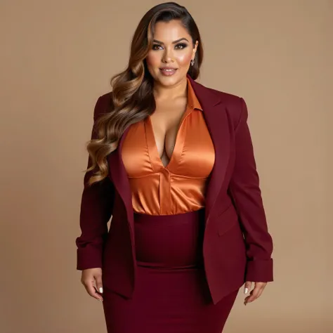 A realistic, high resolution photograph of a tall, beautiful Latina woman in her 40's; full body frontal view facing the camera with her arms at her side, looking at the camera. There is extra space in the photo above her head. She has curvy, Amazonian, fa...