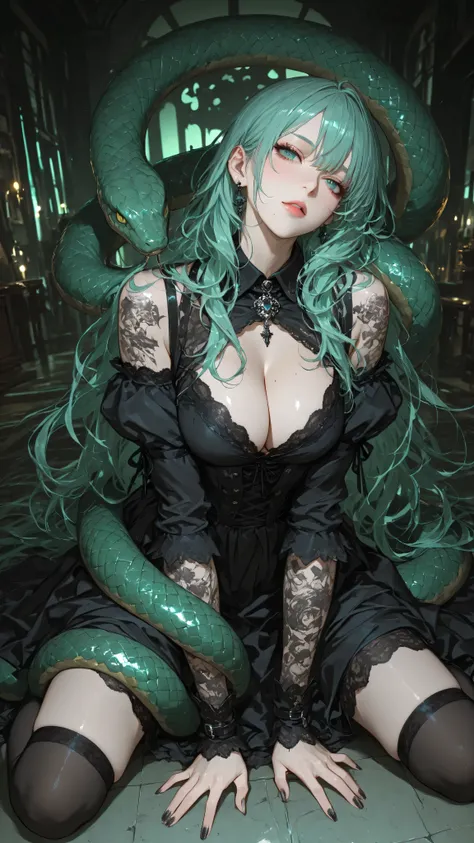 A fantasy illustration of a young woman with pale skin and long, flowing teal hair. She wears a dark, gothic-style dress with a low neckline, intricate lace-up detailing, and long sleeves. The woman has a slender build and is adorned with elaborate tattoo ...