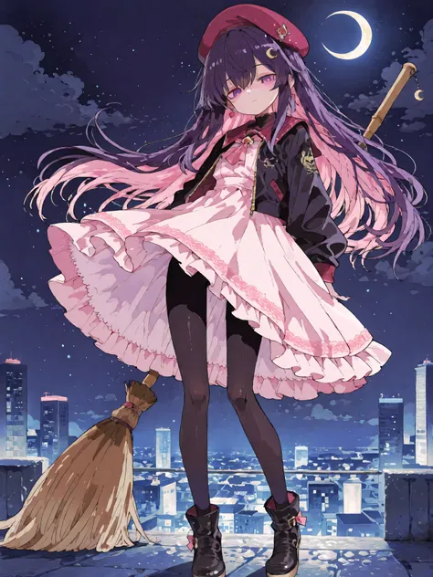 Slender and Petite Single Girl、Babyface、Narrow Eyes、beautiful eyes、 dark purple eyes、eyes like jewels、beautiful skin、light skin tone、other rooms、Straight Long Hair、beautiful dark hair、pink hair、crescent moon and star hairpin、Burgundy Beret、oversized black ...