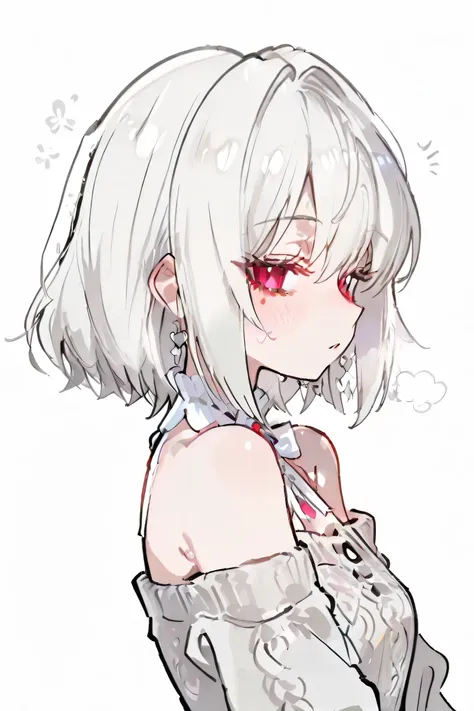 anime style image of a woman with white hair and red eyes, perfect White hair girl, 짧은 White hair 소녀, White hair, Girl with silver hair , girl with white hair, White hair deity, Anime girl profile , animated visual of a cute girl, anime girl, Short bob cut...