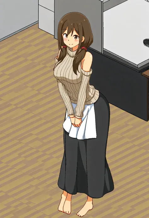 score_4,score_5,score_6,score_7_up,score_8_up,score_9 ((masterpiece,best quality,ultra detailed,highres,HD,4k:1.2)), 
1girl
solo
brown hair
barefoot
sweater
skirt
breasts
oekaki
jaggy lines
ribbed sweater
large breasts
long hair
white skirt
turtleneck
smil...