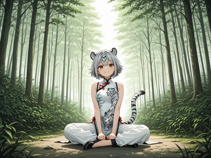 1 woman,gray hair,Short Hair,Tiger Personalization,Chinese Style Dress ,wearing long white pants,Smile,forest,Clear Day,is in pose,High Quality,4K,Details Precise,HDR,Professional