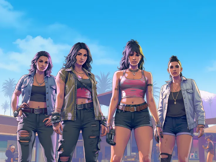 GTA 6 style:,GTA 6 style:,GTA 6 style:,GTA 6 style:, HD 8k, 4 tall fit females dressed in punk clothes, big breast, sunny blue background, palm trees, inn (bar) in a background, clouds, 