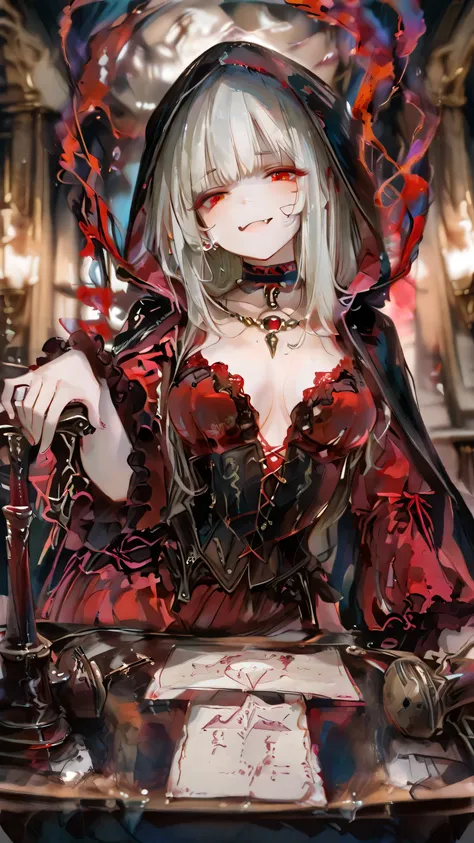 (masterpiece), (Highest Quality), (very detailed), (detail background), (very beautiful),8k, 32K, high resolution,(perspective:1.2), (depth of field:1.4),(blurry background:1.4),(Dark room:1.4),Vampire’s Secret Gathering Place,auctioneer,Auction,Auction ve...