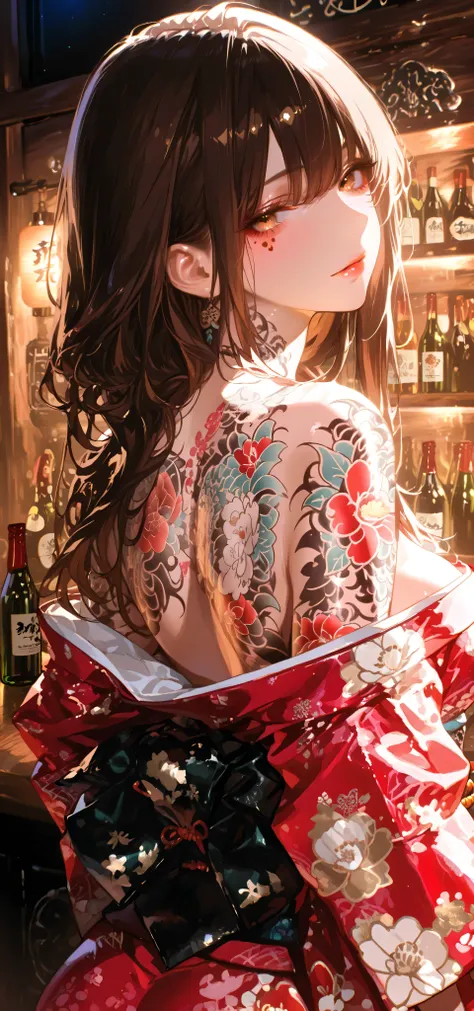 Highest Quality、Highest Image Quality、((masterpiece)), solo, Beautiful Adult Women, Tons of beautiful tattoos、Inside the bar counter、soft lighting、Lots of liquor bottles、slit eyes、under the eye、pick-up face、night、Above the chest、dark brown hair、long hair、B...