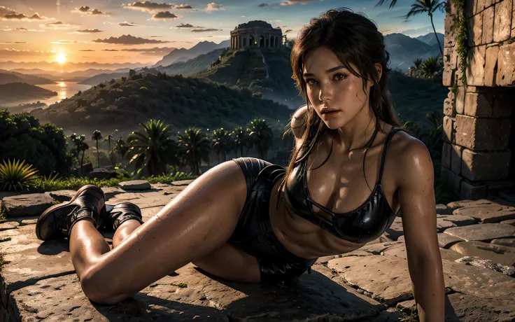 a beautiful adventurer, Lara croft, 1girl, extremely detailed face and eyes, Long Eyelashes, detailed lips, detailed skin, athletic body, lush tropical landscape, dramatic sunset, Ancient Ruins, thrilling action, high quality digital art, hyperrealistic pa...