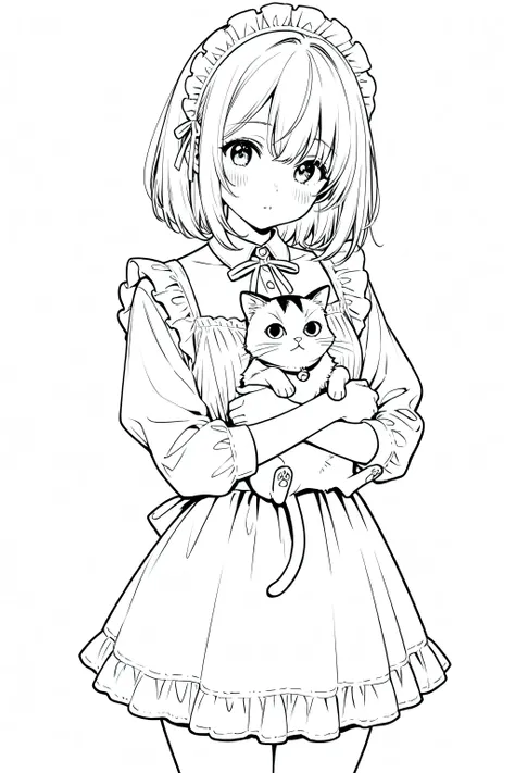 Anime girl holding a cat, perfect quality, clean line art, white background, masterpiece, 4k, cute outfit 