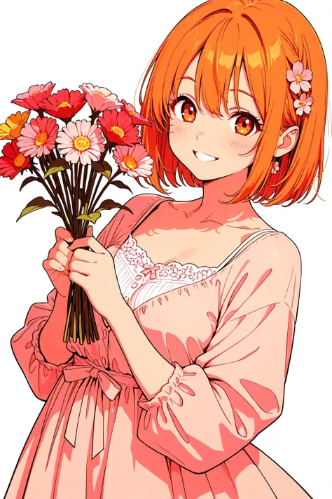 Anime girl smiling with flowers, perfect quality, clean line art, white background, masterpiece, 4k, cute outfit 