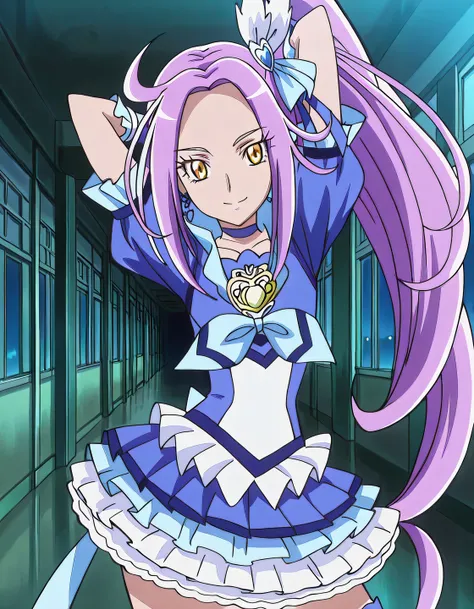 cure beat, purple hair, side ponytail, high ponytail, very long hair, parted bangs, shiny hair, ahoge, yellow eyes, eyelashes, heart hair ornament, hair ribbon, blue ribbon, heart earrings, blue dress, frilled dress, puffy short sleeves, frilled sleeves, b...