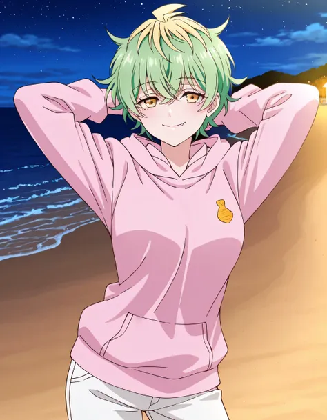 EBMiwa, medium breasts, solo, smile, short hair, green hair, blonde hair, yellow eyes, multicolored hair, two-tone hair, streaked hair, fang, ,long sleeves, pink hoodie, hood down, long sleeves, white pants, high quality, solo, shiny skin, night sky, beach...