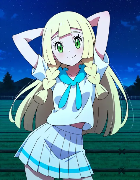 lillie (pokemon), long hair, twin braids, blunt bangs, green eyes,  white shirt, short sleeves, white skirt, pleated skirt, sailor collar, anime screencap, high quality, solo, farm, night sky, arms behind head, ((contrapposto)), closed mouth, medium shot, ...