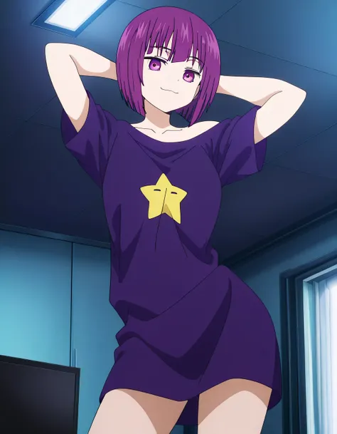 Shion, 1girl, short hair, t-shirt, purple hair, off shoulder, star (symbol), collarbone, short sleeves, purple eyes, bangs, purple shirt, anime screencap, high quality, solo, cowboy shot, (contrapposto), arms behind head, closed mouth, light out, computer ...