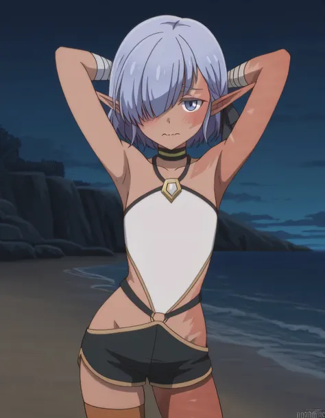 cariaerful,,dark elf, dark-skinned female, short hair,  blue hair, hair over one eye, blue eyes, pointy ears, bandaged arm, black choker, burn on face, burn on side, burnt arm, burnt leg, flat chest, white top,  halterneck, sleeveless, black shorts, short ...