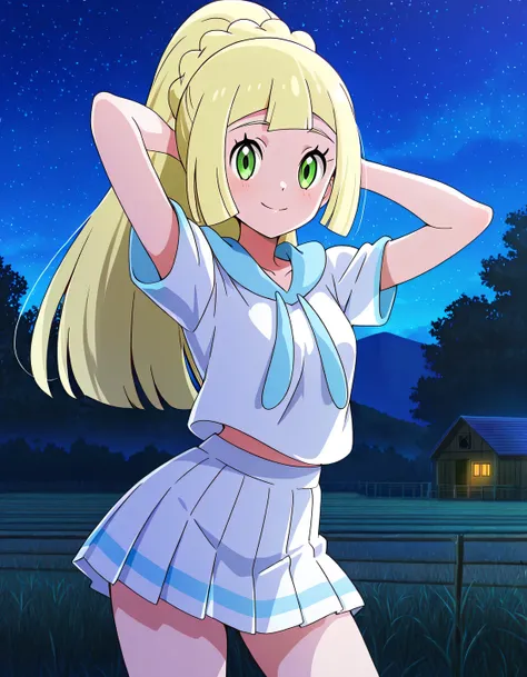 lillie (pokemon), long hair, ponytail, braid, blunt bangs, green eyes, white shirt, short sleeves, white skirt, pleated skirt, sailor collar, anime screencap, high quality, alone, farm, night sky, arms behind head, ((contrapposto)), closed mouth, full shot...