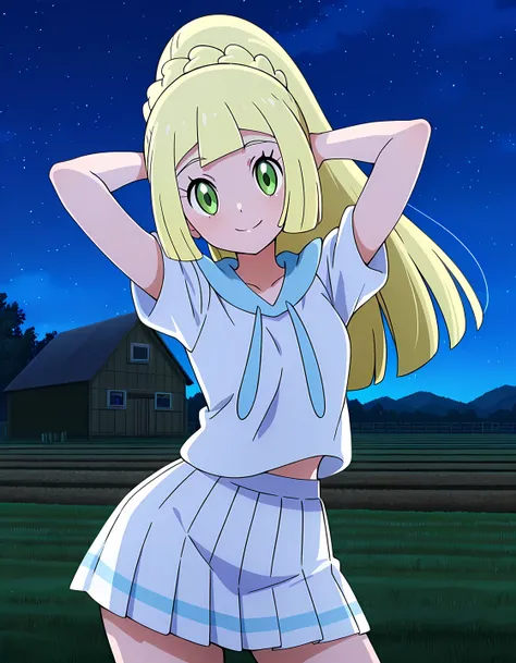 lillie (pokemon), long hair, ponytail, braid, blunt bangs, green eyes, white shirt, short sleeves, white skirt, pleated skirt, sailor collar, anime screencap, high quality, alone, farm, night sky, arms behind head, ((contrapposto)), closed mouth, full shot...