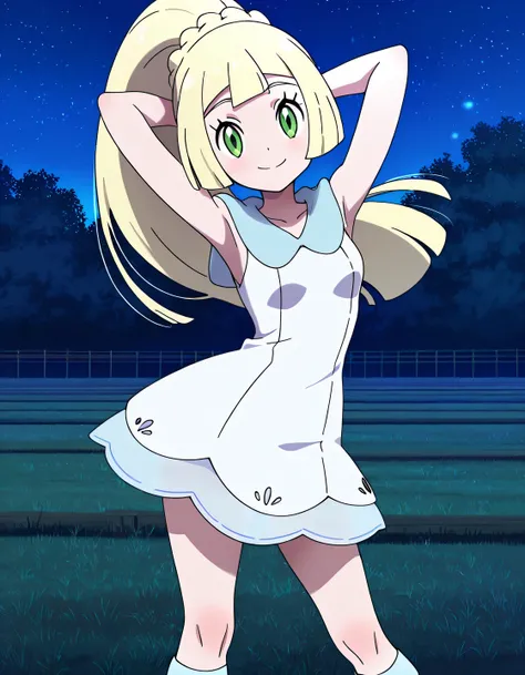 lillie (pokemon), long hair, ponytail, braid, blunt bangs, green eyes, white dress, sundress, sleeveless dress, white kneehighs, anime screencap, high quality, solo, farm, night sky, arms behind head, ((contrapposto)), closed mouth, full shot, center in fr...