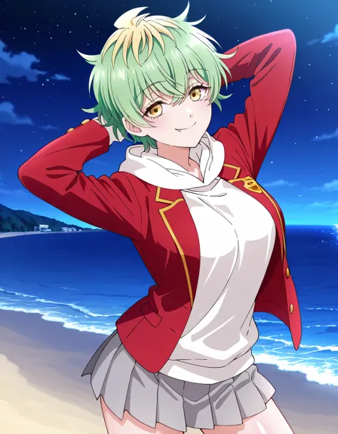 EBMiwa, medium breasts, solo, smile, short hair, green hair, blonde hair, yellow eyes, multicolored hair, two-tone hair, streaked hair, fang, ,long sleeves, school uniform, open jacket, hoodie, hood down, blazer, red jacket, white hoodie, white hood, grey ...