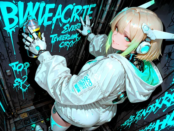 score_9, (masterpiece, best quality, dynamic angle), perfect anatomy, five fingers, 8k, 1girl, 16 years old, mechanical girl, cute, stylish, standing against a massive cyberpunk city wall, holding a spray paint can in one hand, painting vivid graffiti art ...