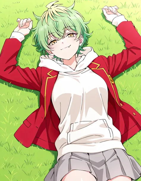 EBMiwa, medium breasts, solo, smile, short hair, green hair, blonde hair, yellow eyes, multicolored hair, two-tone hair, streaked hair, fang, ,long sleeves, school uniform, open jacket, hoodie, hood down, blazer, red jacket, white hoodie, white hood, grey ...