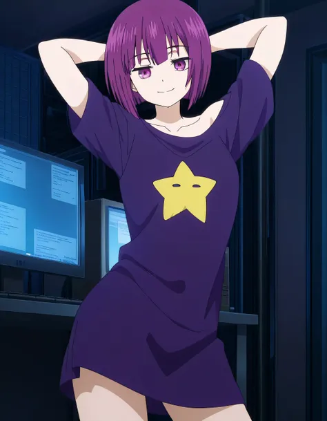 Shion, 1girl, short hair, t-shirt, purple hair, off shoulder, star (symbol), collarbone, short sleeves, purple eyes, bangs, purple shirt, anime screencap, high quality, solo, cowboy shot, (contrapposto), arms behind head, closed mouth, light out, computer ...