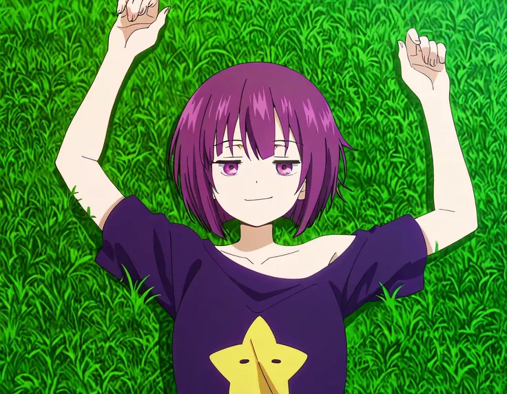 Shion, 1girl, short hair, t-shirt, purple hair, off shoulder, star (symbol), collarbone, short sleeves, purple eyes, bangs, purple shirt, anime screencap, high quality, solo, lying, on back, arms up, closed mouth, on grass, looking at viewer, medium shot, ...