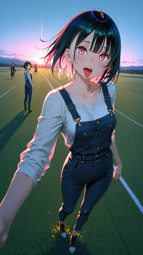 full body group photograph, grass turf field, selfie view, girls, gorgeous, mouths open wide tongue out, art by atey ghailan, painterly anime style at pixiv, art by kantoku, in art style of redjuice/necömi/rella/tiv pixiv collab, your name anime art style,...