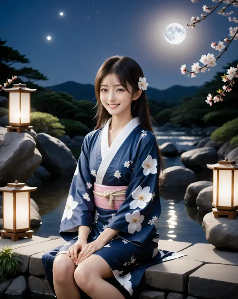 A beautiful Japanese goddess, 20 - year -old ,idol style in a light yukata sitting gracefully beside a natural hot spring under the moonlight . Gentle steam rises around her as she relaxes peacefully , surrounded  by nature and rocks ., sits close to her ,...