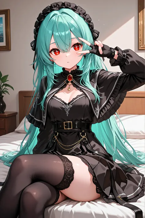 20m-rft45, in room,sitting bed,peace sign,peace over eye,v over eye,red eyes,cross legs, cross-shaped_pupils, symbol-shaped_pupils, aqua hair, long hair, 1girl, red eyes, black dress, bangs, long sleeves, black capelet, hair between eyes, jewelry, belt, bl...