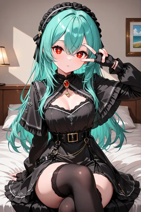 20m-rft45, in room,sitting bed,peace sign,peace over eye,v over eye,red eyes,cross legs, cross-shaped_pupils, symbol-shaped_pupils, aqua hair, long hair, 1girl, red eyes, black dress, bangs, long sleeves, black capelet, hair between eyes, jewelry, belt, bl...