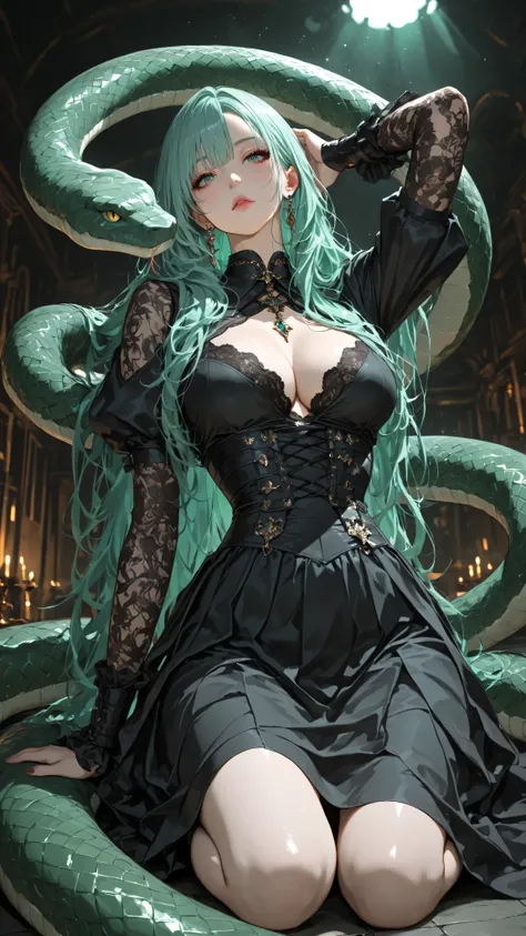 A fantasy illustration of a young woman with pale skin and long, flowing teal hair. She wears a dark, gothic-style dress with a low neckline, intricate lace-up detailing, and long sleeves. The woman has a slender build and is adorned with elaborate tattoo ...