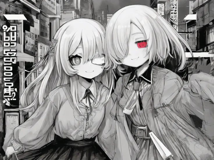 masterpiece 、 Highest Quality 、 upper body 、 1 girl 、 small breasts 、 use collared shirt and flared skirt as material 3 、 greyscale with colored background 、 washi tape（middle） 、 glitch 、 hair above one eye 、  blue sclera  、 wicked smile 、 negative prompt ...