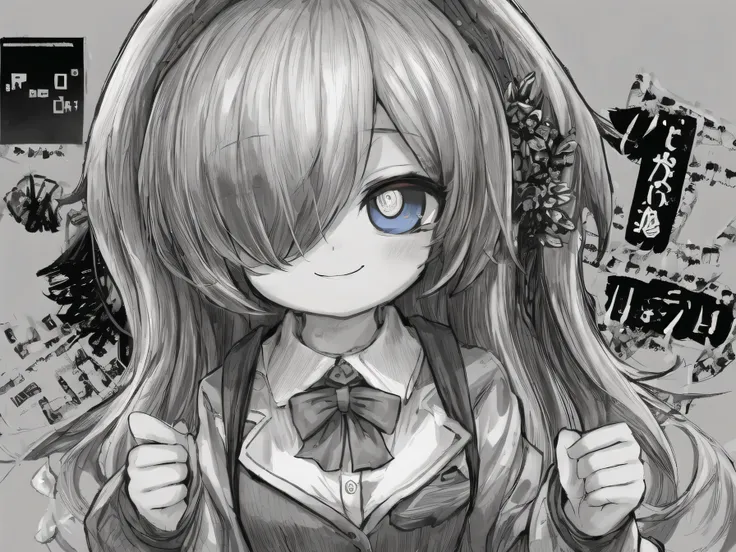 masterpiece 、 Highest Quality 、 upper body 、 1 girl 、 small breasts 、 use collared shirt and flared skirt as material 3 、 greyscale with colored background 、 washi tape（middle） 、 glitch 、 hair above one eye 、  blue sclera  、 wicked smile 、 negative prompt ...