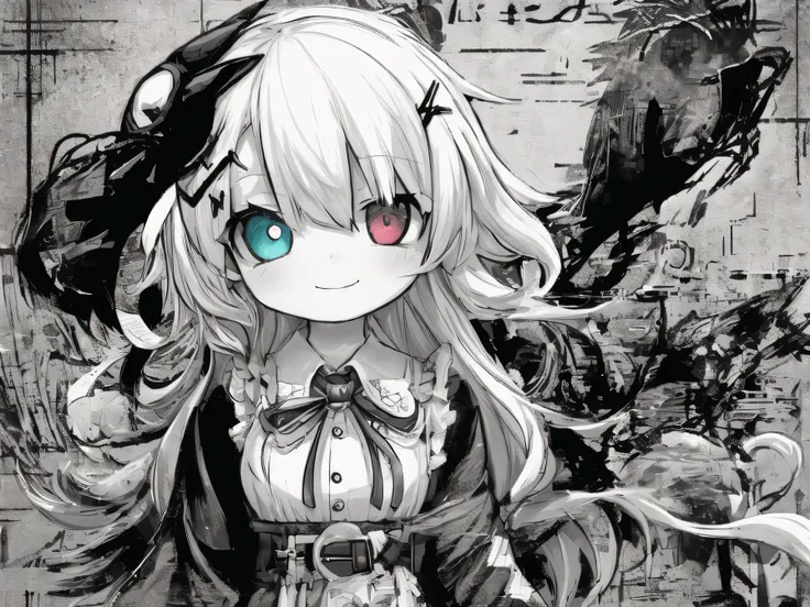 masterpiece 、 Highest Quality 、 upper body 、 1 girl 、 small breasts 、 use collared shirt and flared skirt as material 3 、 greyscale with colored background 、 washi tape（middle） 、 glitch 、 hair above one eye 、  blue sclera  、 wicked smile 、 negative prompt ...