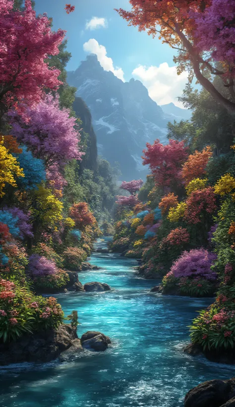 An incredible scene where a stream flows through giant flowers. A place where there are flowers the size of trees in various shapes and colors, the water in the stream is crystal clear and shimmering, the stones in the stream are the color of diamonds and ...