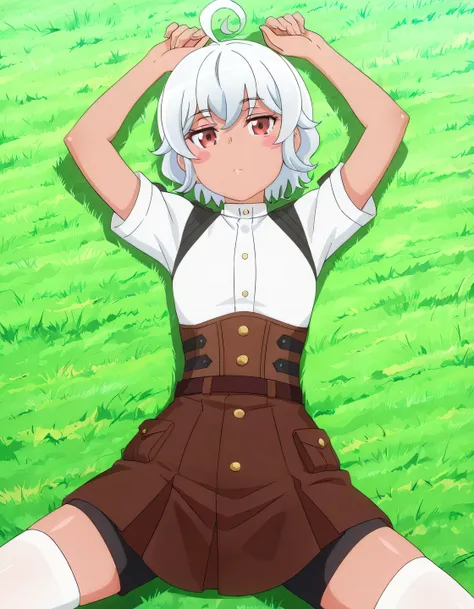eris-mlf, red eyes, blush stickers, short hair, ahoge, dark-skinned female, white hair, aqua-kuzunoha-outfit, skirt, zettai ryouiki, shorts under skirt, anime screencap, high quality, solo, lying, on back, arms up, spread legs, closed mouth, grass, cowboy ...