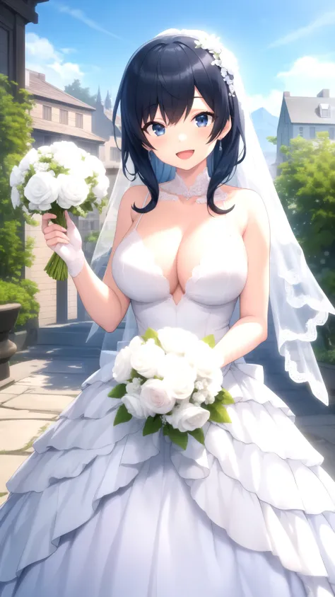 masterpiece, best quality, high quality, girl, solo, looking at viewer, touya_mochizuki, black hair, blue hair, large breasts, wedding Dress, standing, smile, open mouth, outdoors 