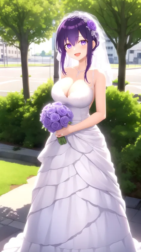 masterpiece, best quality, high quality, girl, solo, looking at viewer, yuuki_izumi, purple eyes, purple hair, large breasts, wedding Dress, standing, smile, open mouth, outdoors 