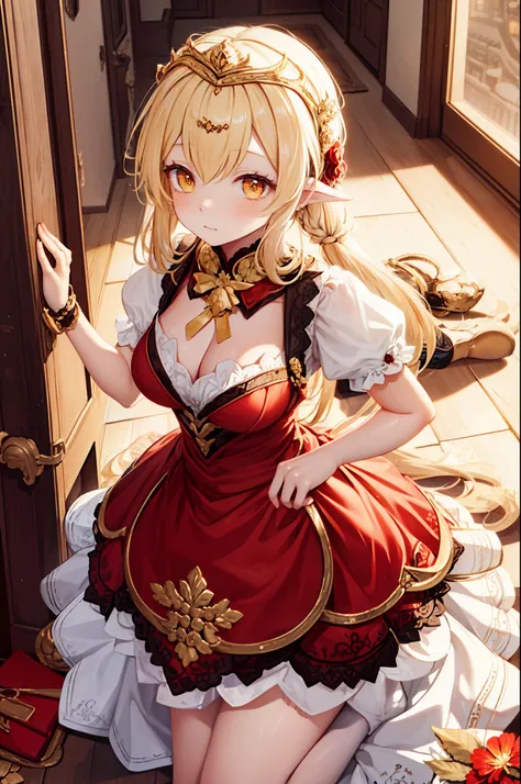 age Girl, charming,gorgeous,In Love ,sacred,( Yellow and White Princess Skirt :1.3),blond,klee, red eyes, Minimalism , Multi-layer exquisite ruffles ,Lots of Lace,( Lines on clothes :1.2),( Exquisite clothing :1.1),(Multi-layer Skirt ),Princess Crown, Pers...