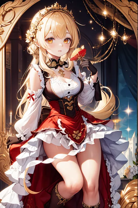 age Girl, charming,gorgeous,In Love ,sacred,( Yellow and White Princess Skirt :1.3),blond,klee, red eyes, Minimalism , Multi-layer exquisite ruffles ,Lots of Lace,( Lines on clothes :1.2),( Exquisite clothing :1.1),(Multi-layer Skirt ),Princess Crown, Pers...
