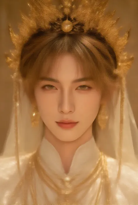 The person with gold-dyed hair、Golden Eye((The Golden-Eyed Prince))A beautiful man with a very thin, smooth chin((Bob cut at both ends with bangs and long hair at the back))The most beautiful male prince smiles((very, very large golden creases))Accurate an...