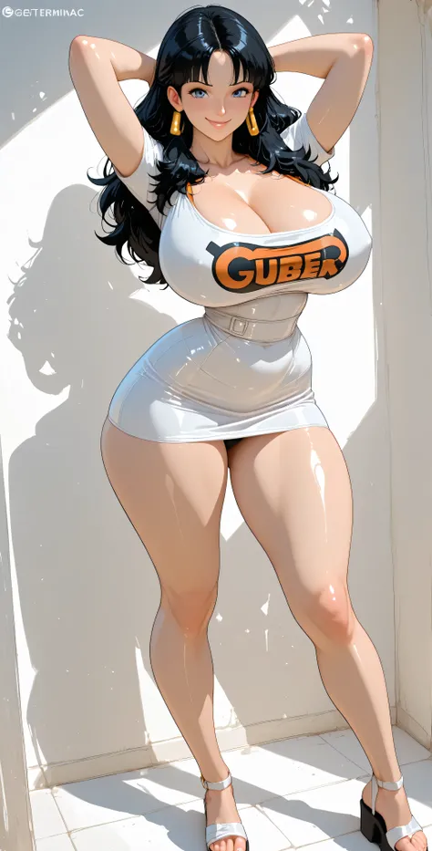 A very horny nymphomaniac girl. dbsvidel, long shiny black hair, blue eyes. huge breasts:1.5 wide hips, Thighs and wide legs. big butt, round and soft . Wears a tight shiny red metallic vinyl minidress. short sleeve, pronounced halter neckline. pantimedias...