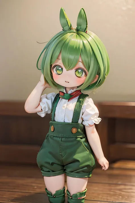 cute green-haired zundamon in playful pose, ( chibi), Detailed character design , complicated details , surreal , photorealistic , 8k, masterpiece , is high resolution, bri...