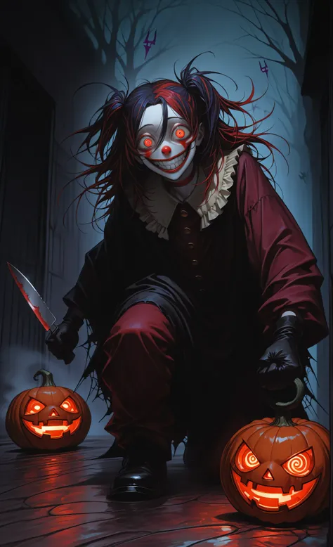 (masterpiece, best quality, 8k, ultra detailed, anime style, horror, cinematic),
A young male clown, fair skin, red and blue styled hair, heterochromatic eyes (one red, one violet),
(insane wide white clown smile:1.5), wearing harlequin outfit with red, bl...
