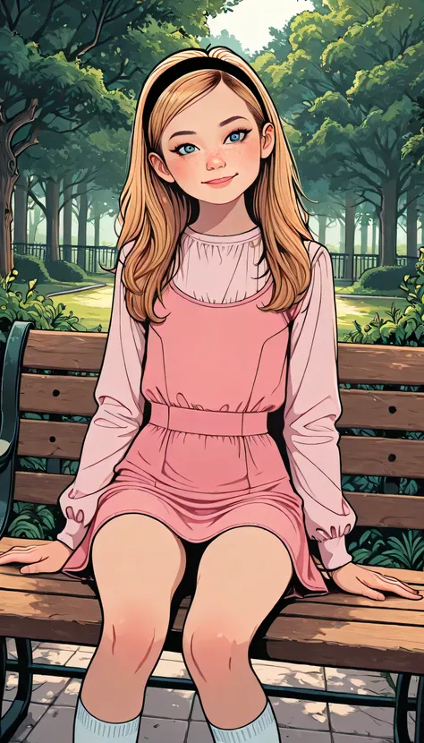 (unit, child, penny peterson), ( highly detailed CG desktop background in 8k resolution),(The main part), (is the best quality), (super details), (The best),( Dan Mumford style ), Rami Cowboy, Dutch corner, sitting on the bench,  with the viewer, looks at ...