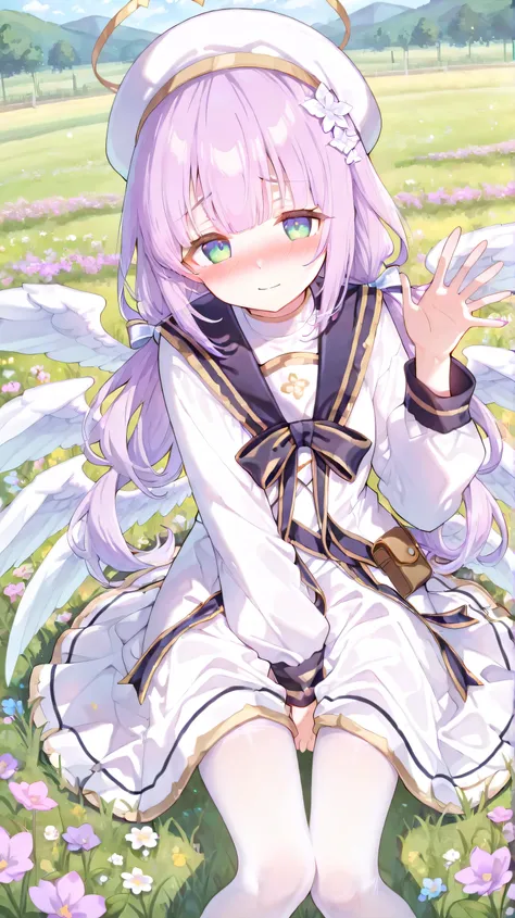 1girl, best quality, hands between legs, v arm, have to pee, mika\(maimai\), angel wings, flower hair ornament, purple hair, green eyes, low twintails, white hat, sailor collar, white pantyhose, petite, waving, blush, light smile, embarrassed, looking at v...