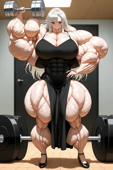 Hyper muscular female, black dress, one arm up, one hand on hip, curllling dumbbell