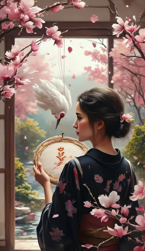 Create a masterpiece painting where a young geisha woman embroiders a white crane on a suspended and stretched kimono. The girl is dressed in a black kimono with a pattern of swallows. The background is a spacious room overlooking the courtyard, sakura, po...