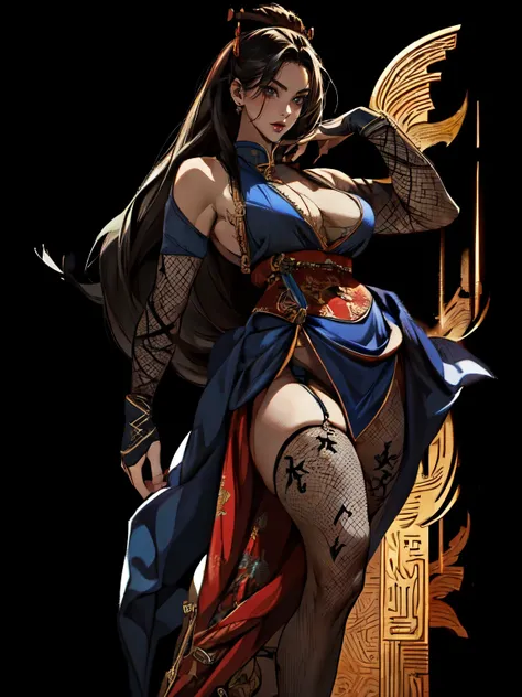 (((no background))), attractive woman, a woman from the Three Kingdoms period, dark hair, Big breasts, ((revealing costume)), Solo, Three Kingdoms costume , ((black eyes)), (((Harmonious hands))), (((full body))), (((Solo))), ((fishnet stockings)), (((natu...