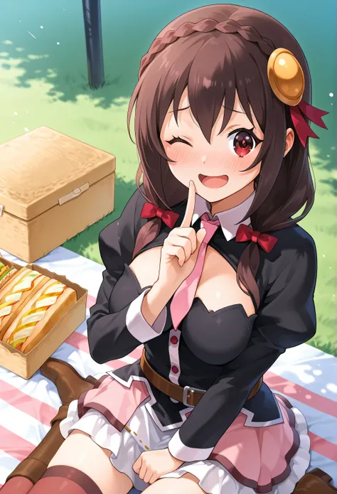 Yunyun konosuba,,smile,(Open Her Mouth)、shushing、Blush、lawn、picnic、 is sitting、Sandwiches、 Highest Quality、Thinning、smile,Wink with One Eye Closed、glitter、☆、embarrassed